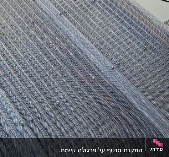 גג מתכת עם ברגים וצמחייה ברקע
